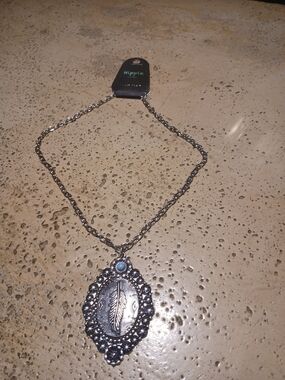 Hippie Silver-Tone Feather Pendant Necklace with Turquoise Accent